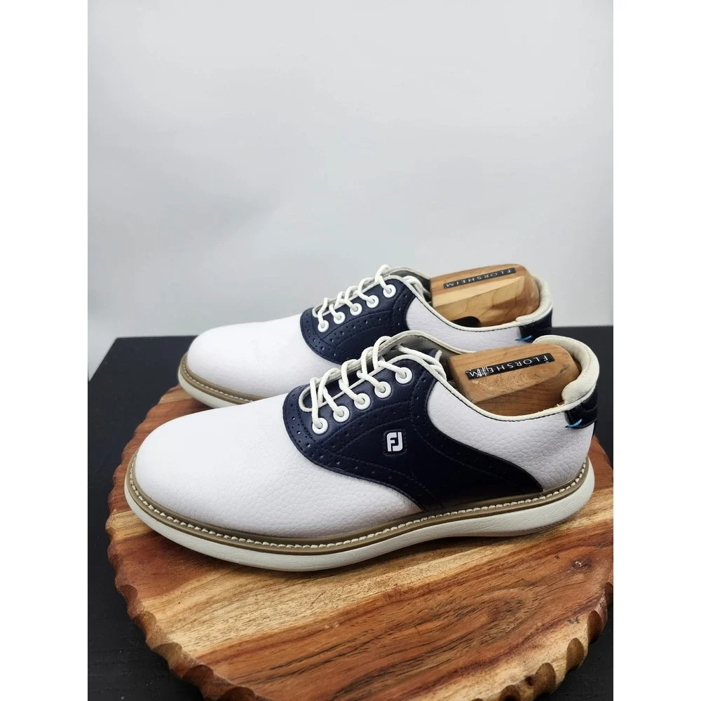 FootJoy Traditions Golf Shoes Mens 7.5 White Navy Blue Spiked Leather 57899